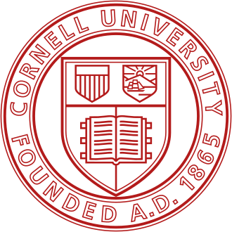 Cornell University official seal featuring a shield with an open book, an emblematic building, and the text 'Cornell University Founded A.D. 1865' in a circular design.