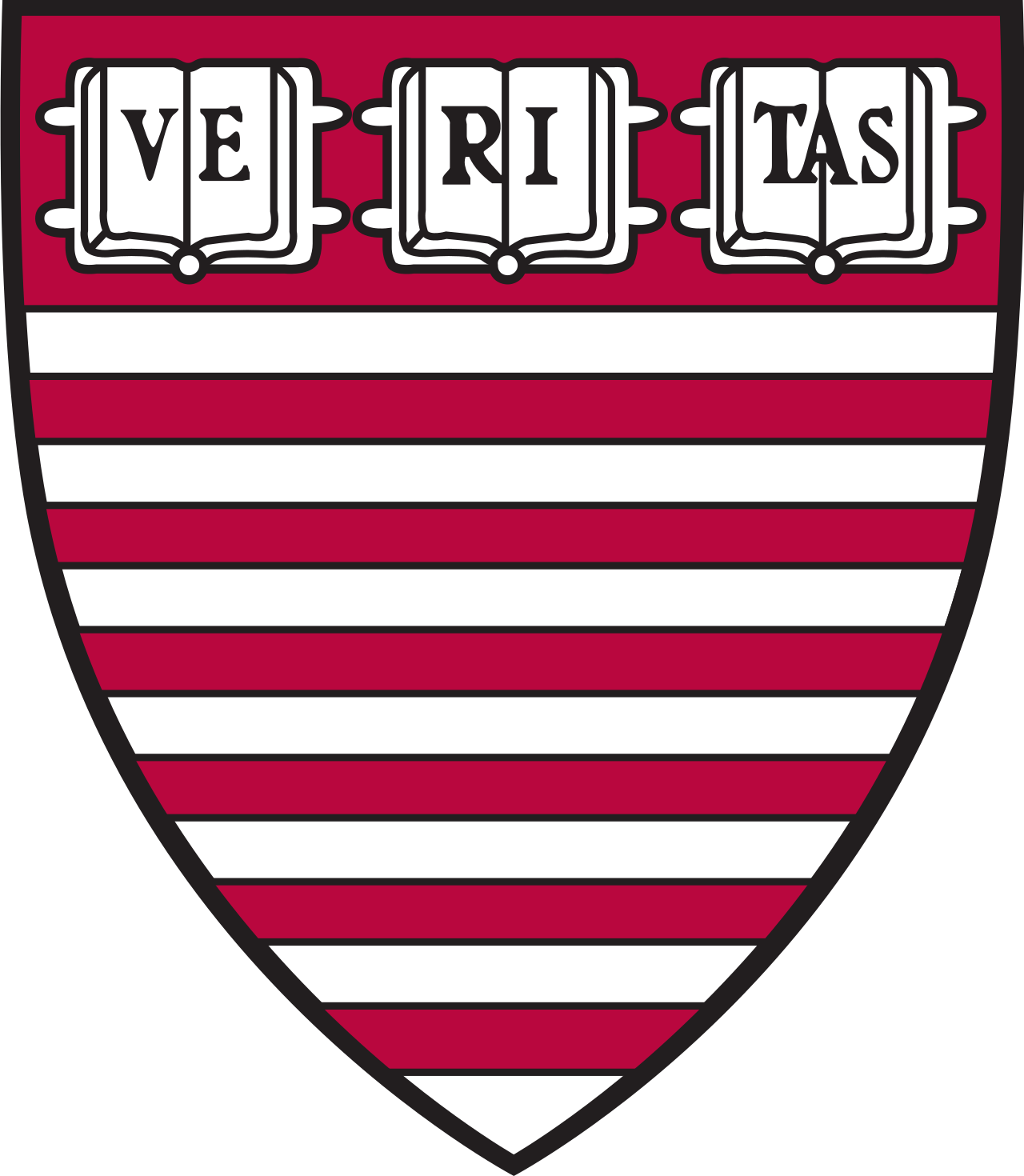 Harvard University shield featuring three open books with the Latin word 'Veritas' on a background of alternating crimson and white stripes.
