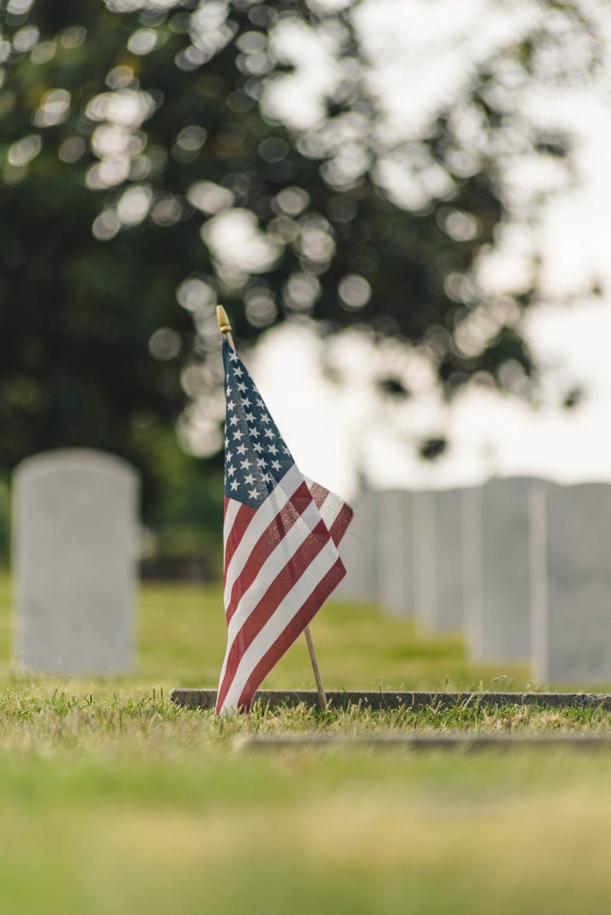 a flag in the ground with green grass